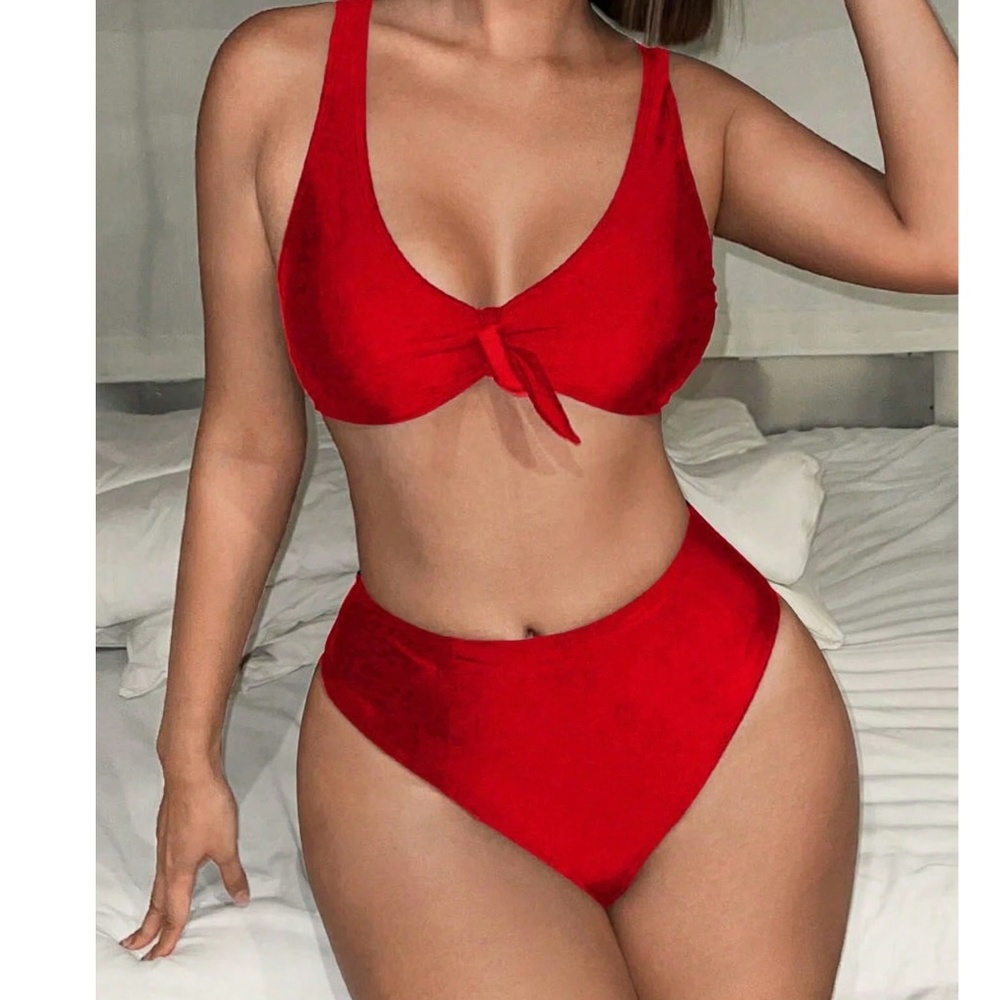 Red High Waisted Swim Beach Bikini - Picture 2 of 5
